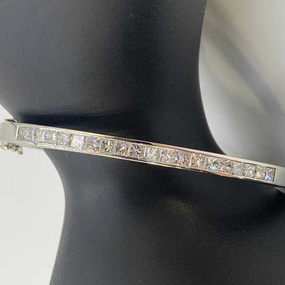 14K White Gold Princess Cut Diamond Bangle Bracelet - Picture 3 of 15
